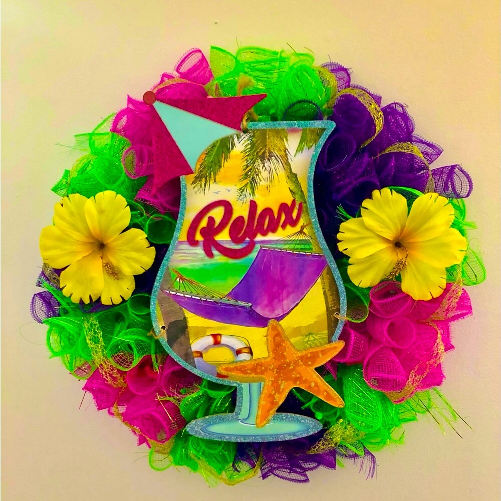 Wreath “RELAX” fun bright colors for summer 18 inch wreath HANDMADE